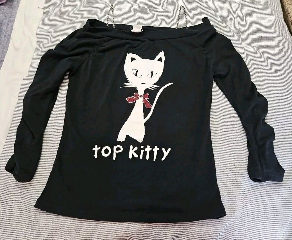 K Scion Goth Look Off Shoulder Rouched Sleeves Chain Detail Top Kitty Cat Sz M